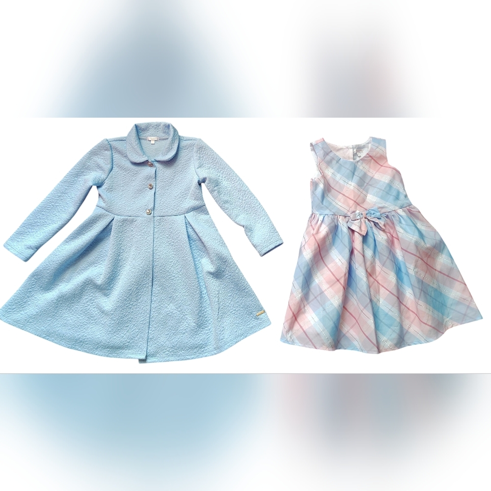 Tahari Girl Blue Coat and Pastel Plaid Dress Set--Girls 5